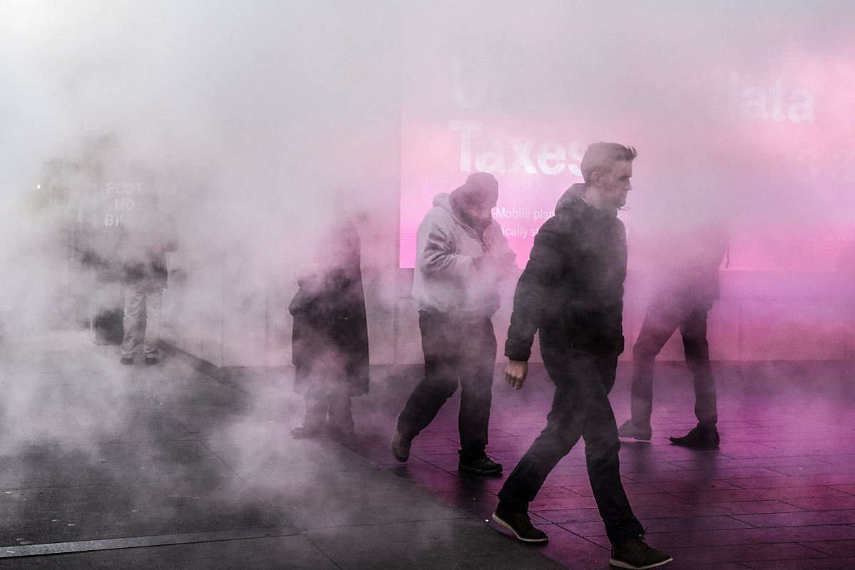NEW YORK, NY - Steam rises out of a street vent in front of the Fulton St. subway station in lower Manhattan on November 15, 2017 in NY. NY. (Photo by Stephanie Keith)